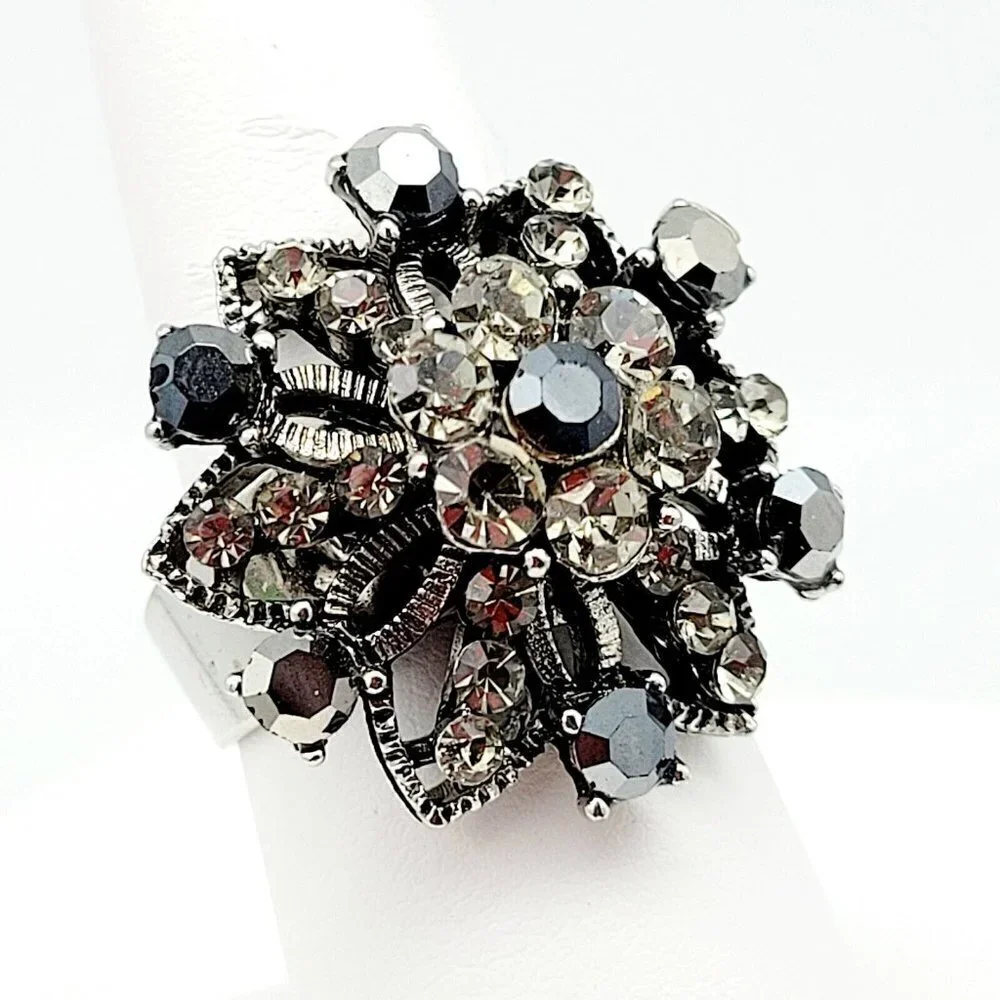 Rhinestone Burst Bypass Ring Adjustable One Size Silver Tone Smoky Stones EUC